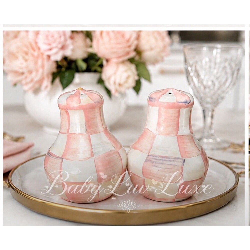Mackenzie Childs Rosy Check Salt & Pepper Shakers New in Box